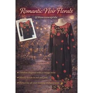Vintage Style Romantic Noir Floral Maxi Dress Red Pink Roses Sheer Overlay Small